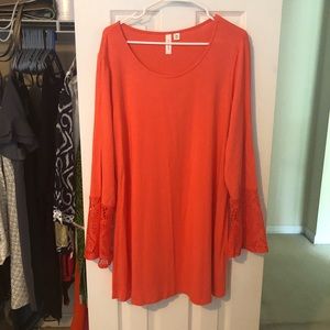 Tacera Deep Coral/Orange Lace Bell Sleeve Dress